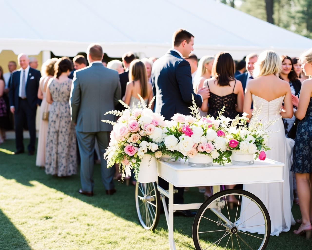 White flower cart styled with blooms at an outdoor reception